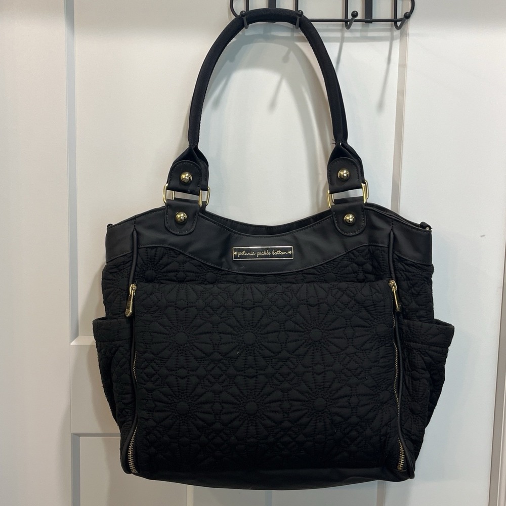 Petunia Pickle Bottom City Carryall Diaper Bag Black Quilted Handbag Gold Zip